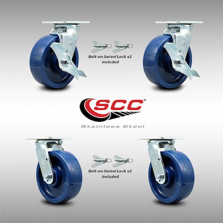 Service Caster 6 Inch SS Solid Poly Caster Set with Ball Bearings 4 Swivel Lock 2 Brake SCC SCC-SS30S620-SPUB-TLB-BSL-2-BSL-2